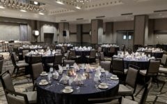 Tables set for a corporate dinner party at the Capital Hilton